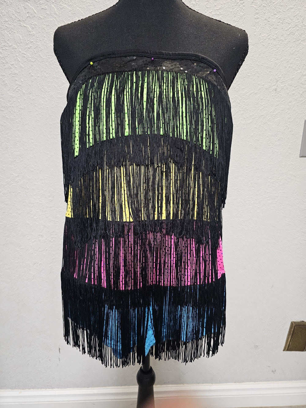 Kids Black Fringe Dress with Neon Green, Yellow, Pink & Blue Accents